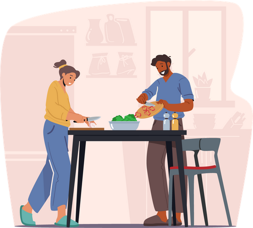 Casal cozinhando refeição em casa  Ilustração