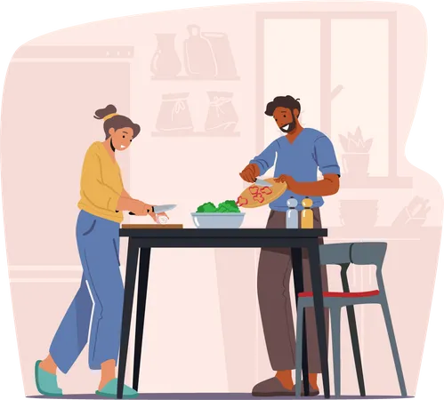 Casal cozinhando refeição em casa  Ilustração