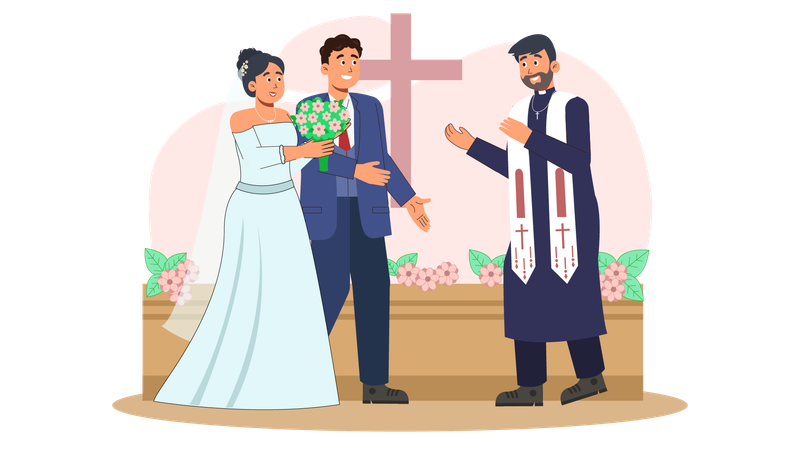 Casal cristão na igreja para cerimônia de casamento  Ilustração