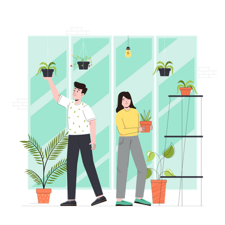 Casal cuidando de plantas  Ilustração