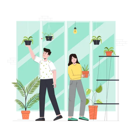 Casal cuidando de plantas  Ilustração