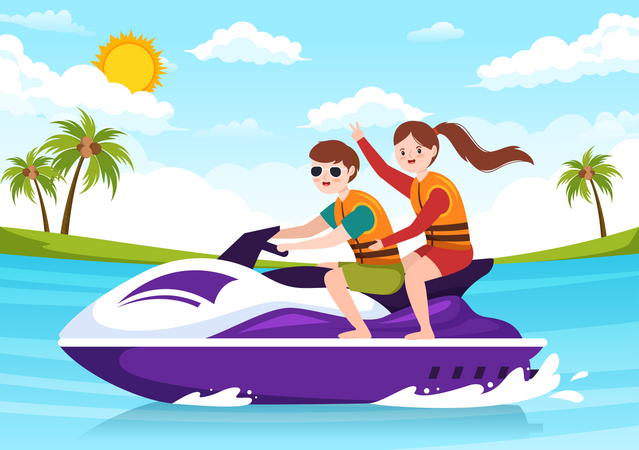 Casal gosta de andar de jet ski  Ilustração