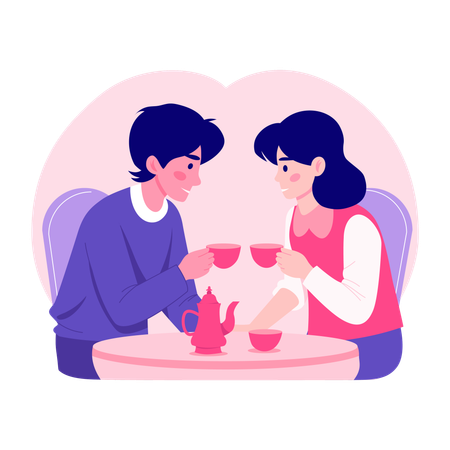 Casal curtindo um chá romântico  Ilustração