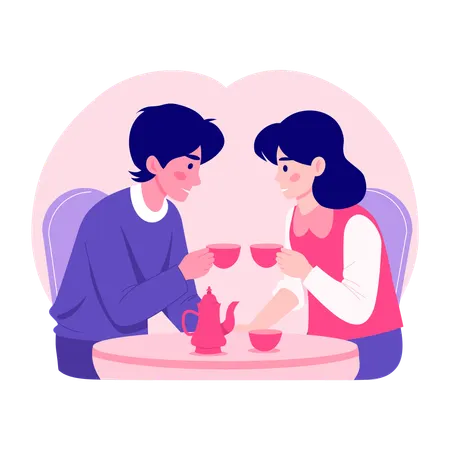 Casal curtindo um chá romântico  Ilustração