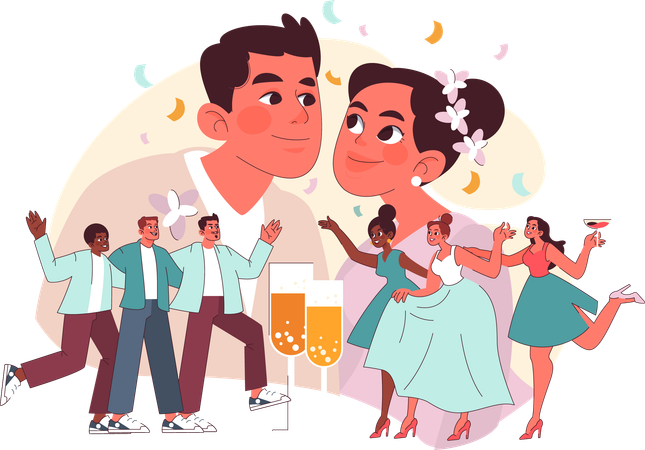 Casal se divertindo na festa de casamento  Ilustração