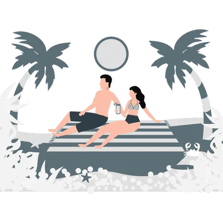 Casal curtindo na praia  Ilustração