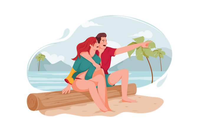 Casal curtindo na praia  Ilustração