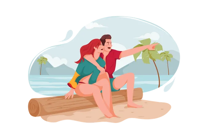Casal curtindo na praia  Ilustração