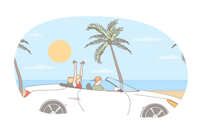 Casal aproveitando passeio de carro na praia  Ilustração