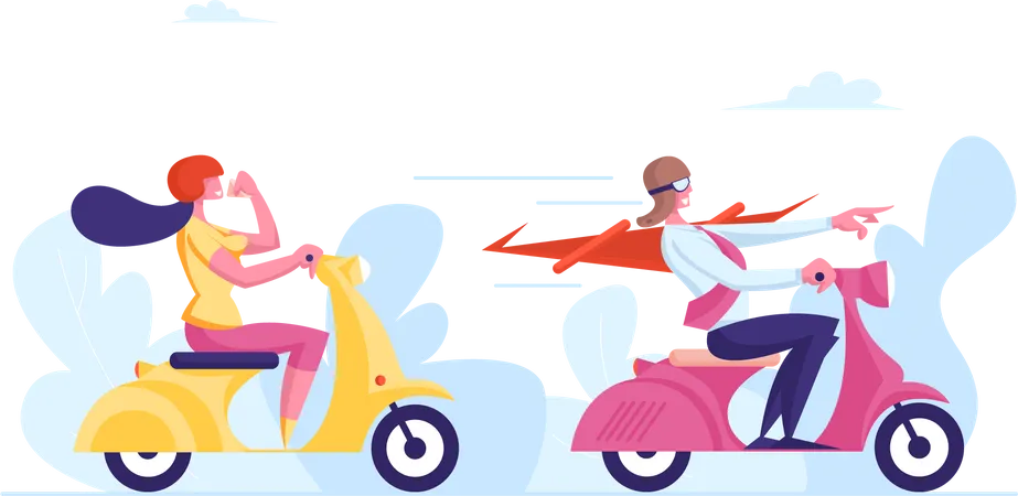 Casal aproveitando o passeio de scooter  Ilustração