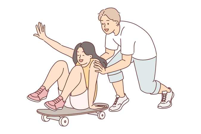 Casal curtindo andar de skate  Ilustração