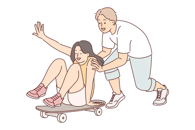 Casal curtindo andar de skate  Ilustração