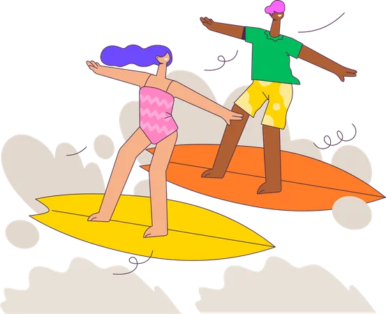 Casal curtindo surf  Ilustração