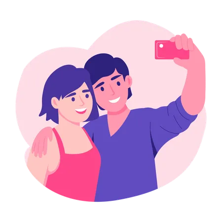 Casal aproveitando para tirar uma selfie  Ilustração
