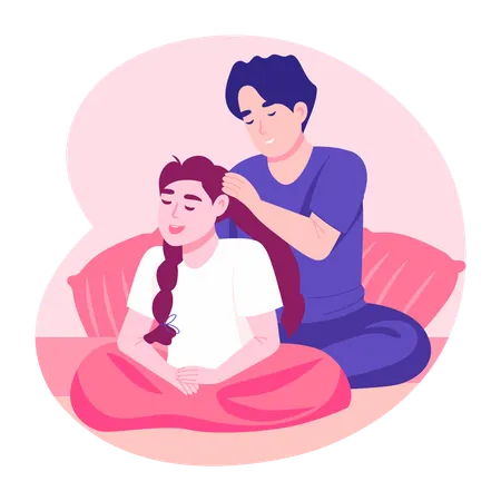 Casal curtindo trançar o cabelo  Ilustração