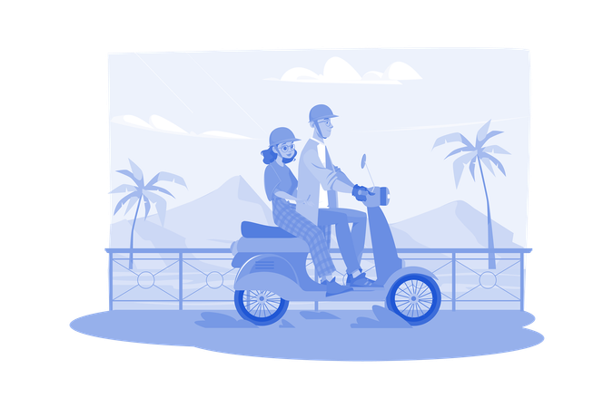 Casal aproveitando uma longa viagem de scooter  Ilustração