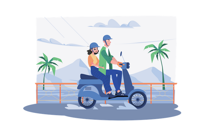 Casal aproveitando uma longa viagem de scooter  Ilustração