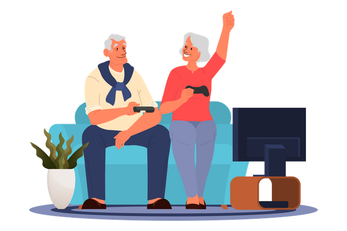 Casal de aposentados jogando videogame  Ilustração