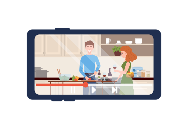 Casal de desenho animado corta vegetais para salada e se diverte cozinhando juntos na cozinha  Ilustração