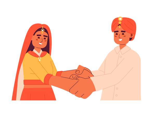 Casal de noivos hindus de mãos dadas  Ilustração
