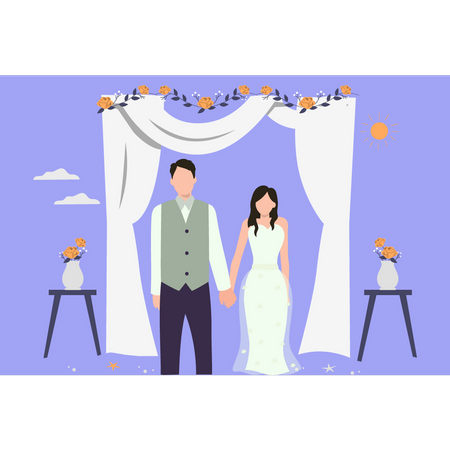 Casal de noivos de mãos dadas no dia do casamento  Ilustração