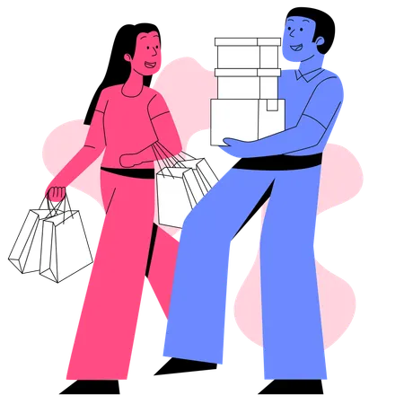 Casal de compras com pacotes  Ilustração