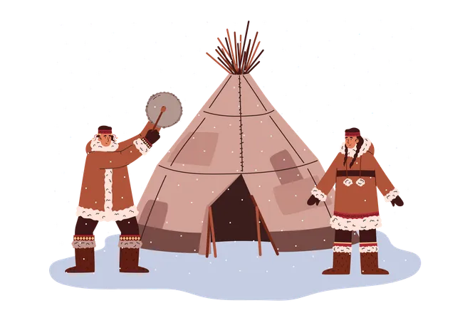 Casal de esquimós dançando perto de cabana de iglu  Ilustração