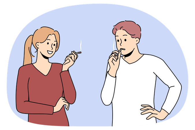 Casal de fumantes conversa sobre dependência de nicotina  Ilustração