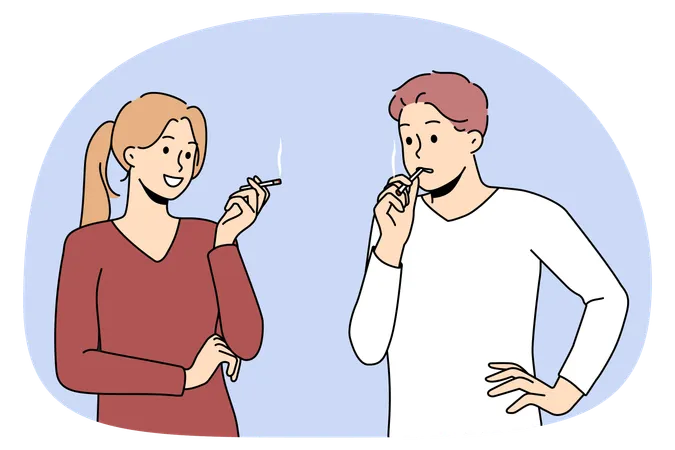 Casal de fumantes conversa sobre dependência de nicotina  Ilustração