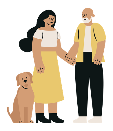 Casal de idades diferentes com cachorro  Ilustração