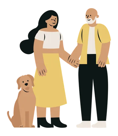 Casal de idades diferentes com cachorro  Ilustração