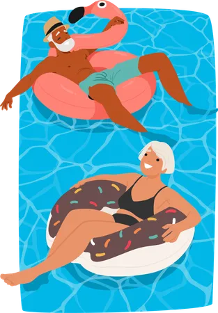 Casal de idosos alegres relaxando na piscina em flutuadores infláveis de donuts e flamingos  Ilustração