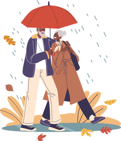 Casal de idosos compartilhando guarda-chuva e caminhando juntos na chuva  Ilustração