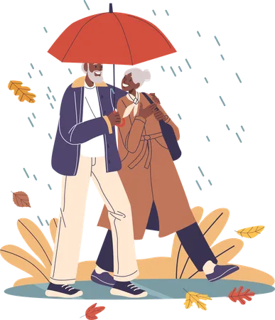 Casal de idosos compartilhando guarda-chuva e caminhando juntos na chuva  Ilustração