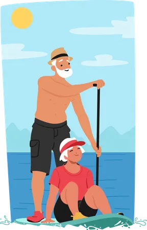 Casal de idosos curte stand up paddle  Ilustração