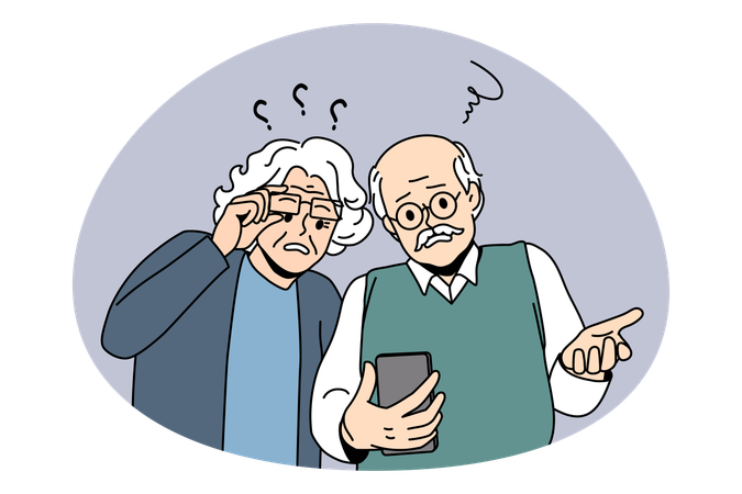 Casal de idosos frustrados olhando para o smartphone usando a internet e tendo problemas com o gadget  Ilustração