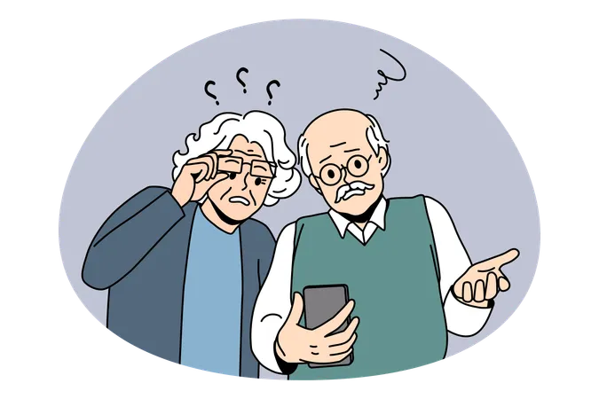 Casal de idosos frustrados olhando para o smartphone usando a internet e tendo problemas com o gadget  Ilustração