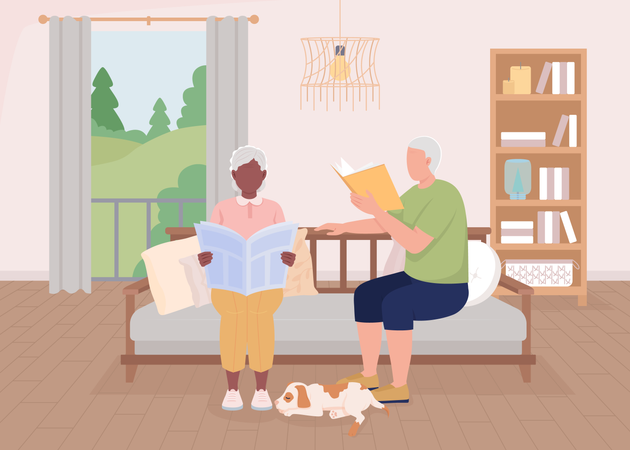 Casal sênior lendo em casa  Ilustração