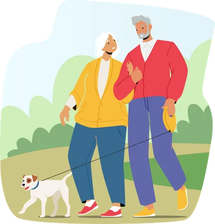 Casal de idosos caminha com cachorro no parque  Ilustração