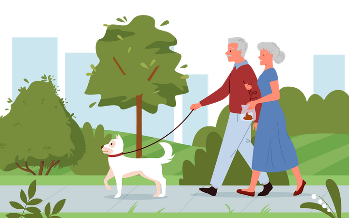 Casal de idosos andando no parque com cachorro de estimação  Ilustração