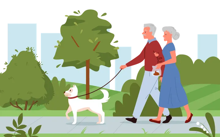 Casal de idosos andando no parque com cachorro de estimação  Ilustração