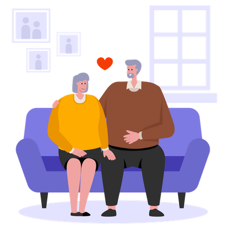 Casal de idosos sentados juntos no sofá  Ilustração