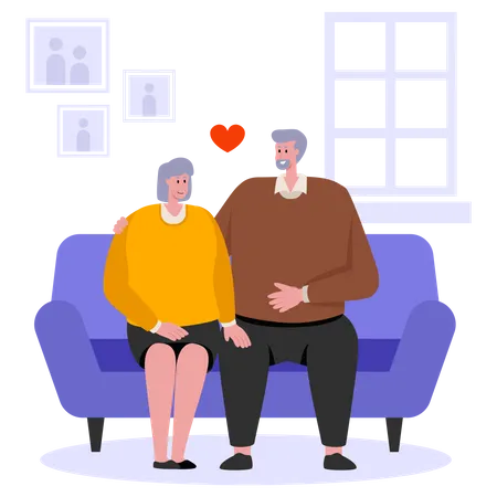 Casal de idosos sentados juntos no sofá  Ilustração