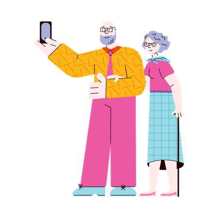 Casal de idosos tirando selfie  Ilustração