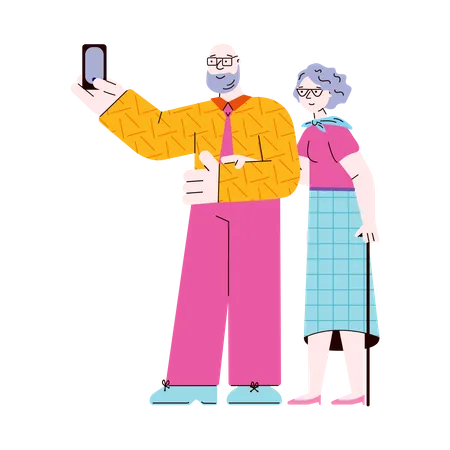 Casal de idosos tirando selfie  Ilustração