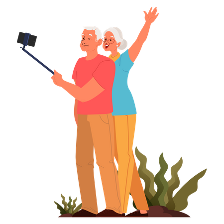 Casal de idosos tirando selfie juntos  Ilustração