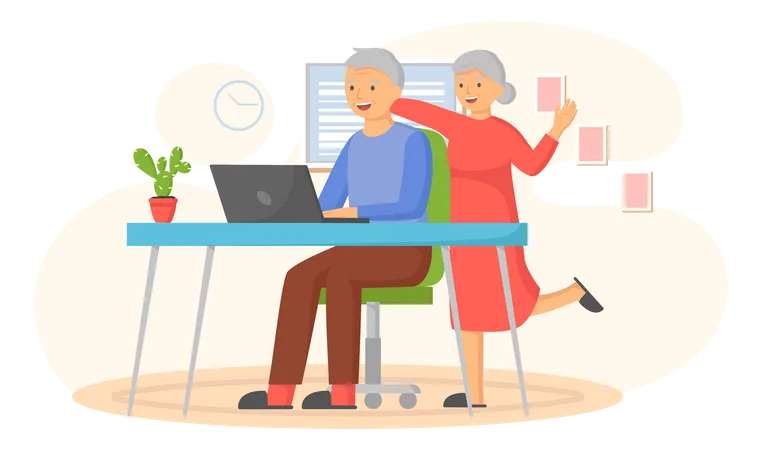 Casal de idosos usando computador  Ilustração