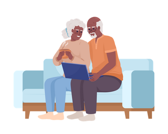 Casal de idosos usando laptop  Ilustração