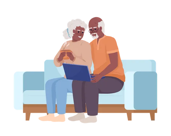 Casal de idosos usando laptop  Ilustração