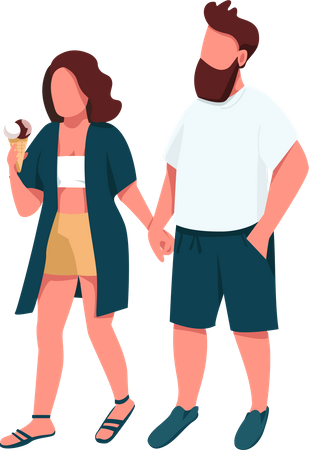 Casal de mãos dadas enquanto toma sorvete  Ilustração